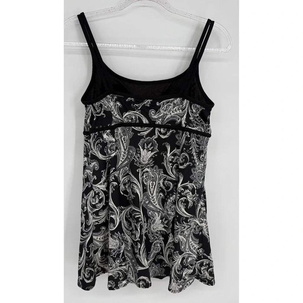 Longitude Womens Paisley Swim Dress Black White Tummy Control Sz 10